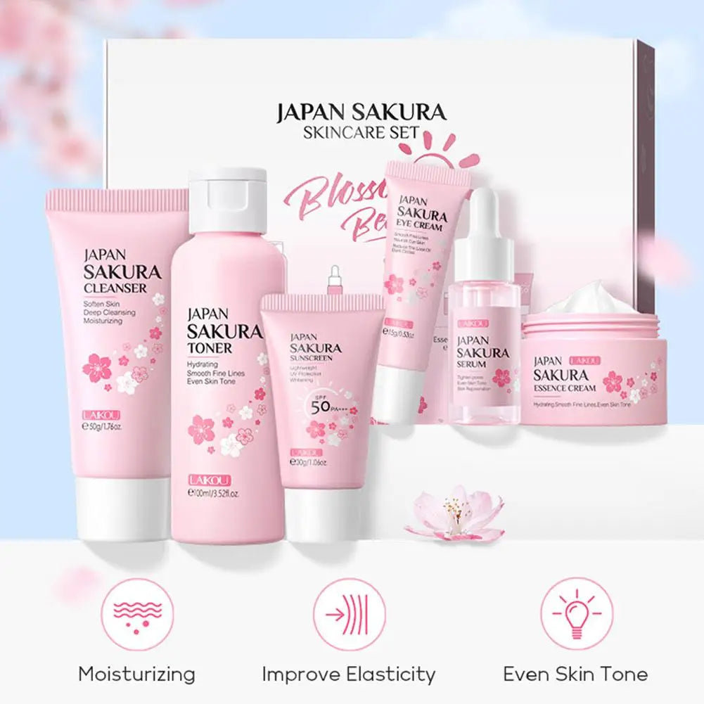 Ensembles et kits de soins de la peau Sakura pour femmes, nettoyant, sérum, crème pour les yeux, crème solaire, produits de beauté, coffret cadeau, kit de routine, 6 pièces