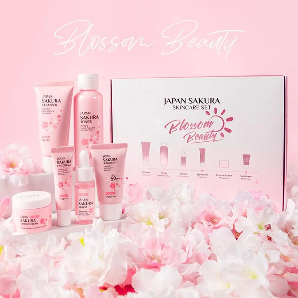 Ensembles et kits de soins de la peau Sakura pour femmes, nettoyant, sérum, crème pour les yeux, crème solaire, produits de beauté, coffret cadeau, kit de routine, 6 pièces