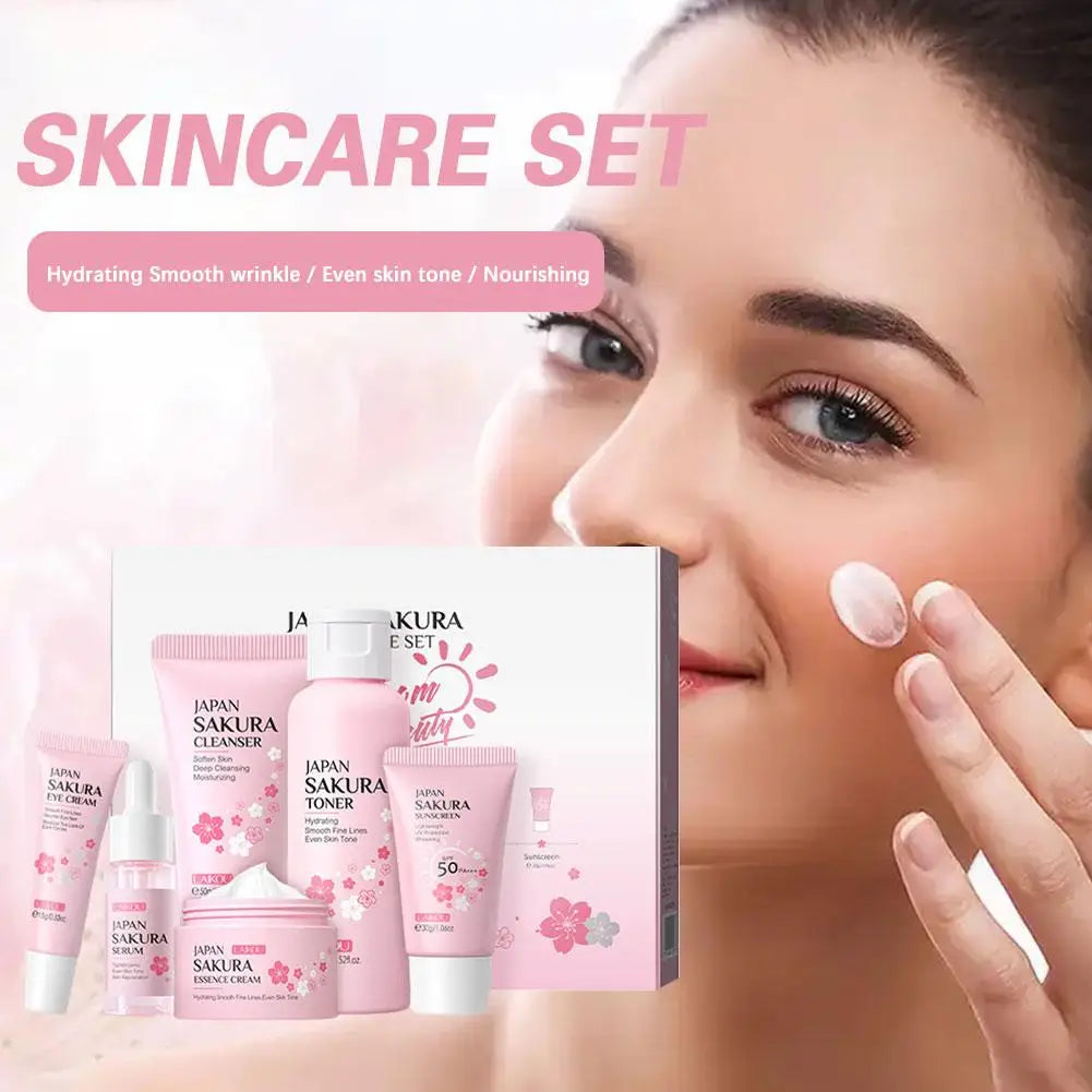 Ensembles et kits de soins de la peau Sakura pour femmes, nettoyant, sérum, crème pour les yeux, crème solaire, produits de beauté, coffret cadeau, kit de routine, 6 pièces