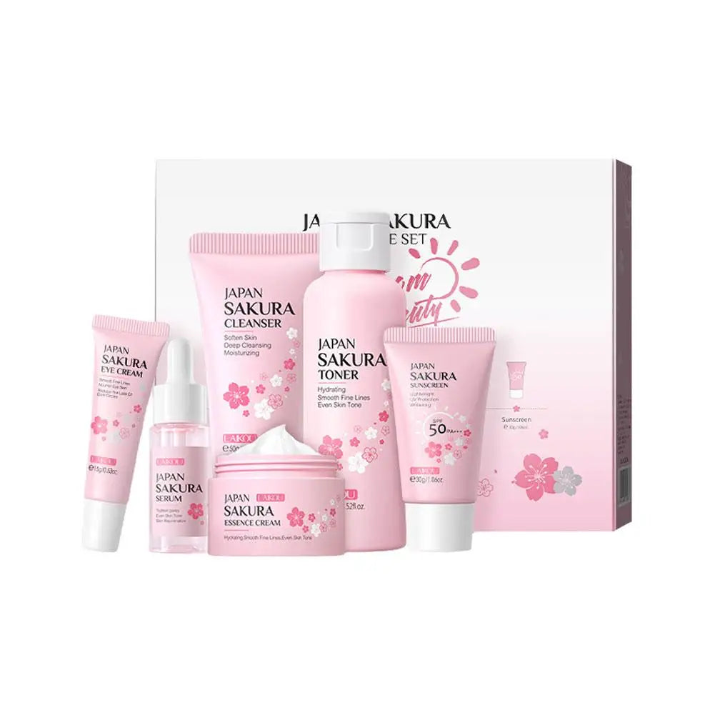 Ensembles et kits de soins de la peau Sakura pour femmes, nettoyant, sérum, crème pour les yeux, crème solaire, produits de beauté, coffret cadeau, kit de routine, 6 pièces