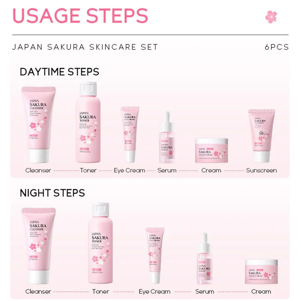 Ensembles et kits de soins de la peau Sakura pour femmes, nettoyant, sérum, crème pour les yeux, crème solaire, produits de beauté, coffret cadeau, kit de routine, 6 pièces