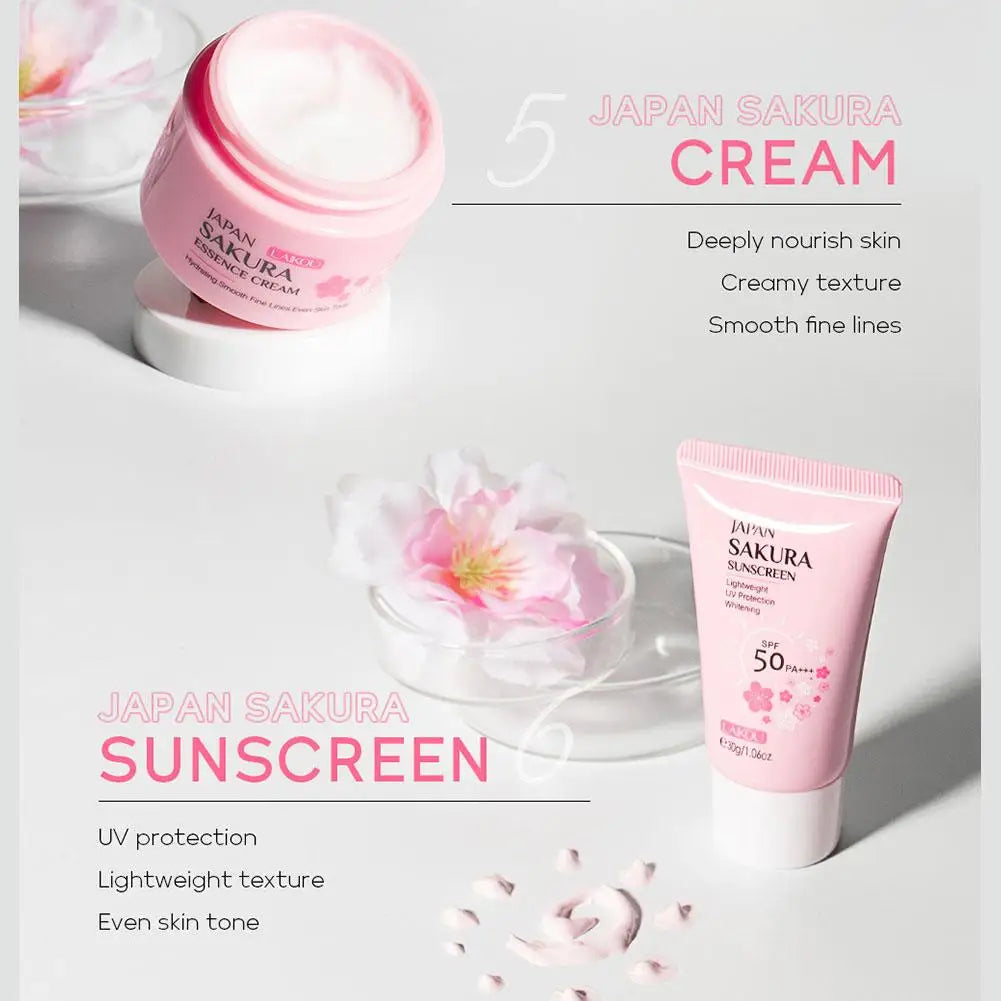 Ensembles et kits de soins de la peau Sakura pour femmes, nettoyant, sérum, crème pour les yeux, crème solaire, produits de beauté, coffret cadeau, kit de routine, 6 pièces