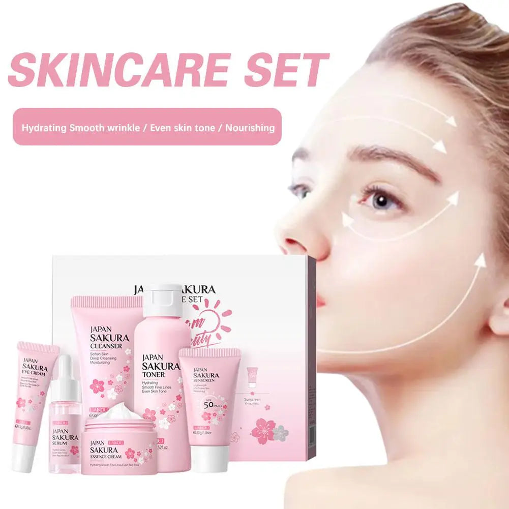 Ensembles et kits de soins de la peau Sakura pour femmes, nettoyant, sérum, crème pour les yeux, crème solaire, produits de beauté, coffret cadeau, kit de routine, 6 pièces