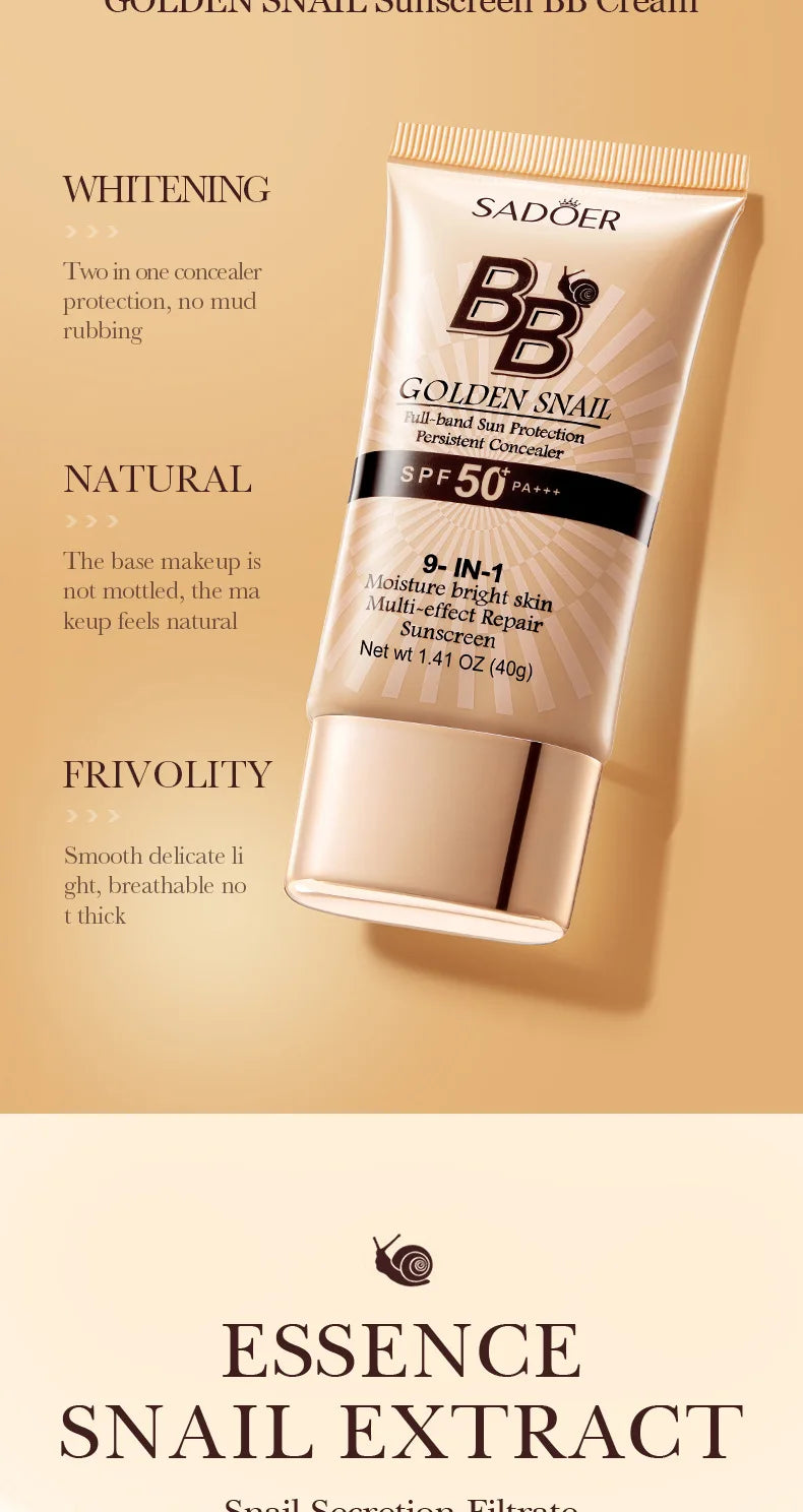 BB crème solaire escargot doré SPF50 +, fond de teint blanchissant, correcteur, hydratant, longue durée, même le teint de la peau, Base de maquillage