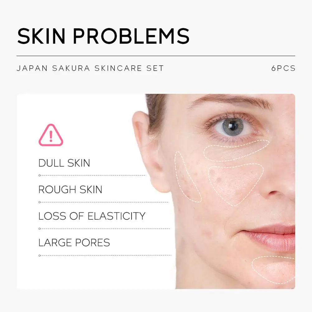 Ensembles et kits de soins de la peau Sakura pour femmes, nettoyant, sérum, crème pour les yeux, crème solaire, produits de beauté, coffret cadeau, kit de routine, 6 pièces