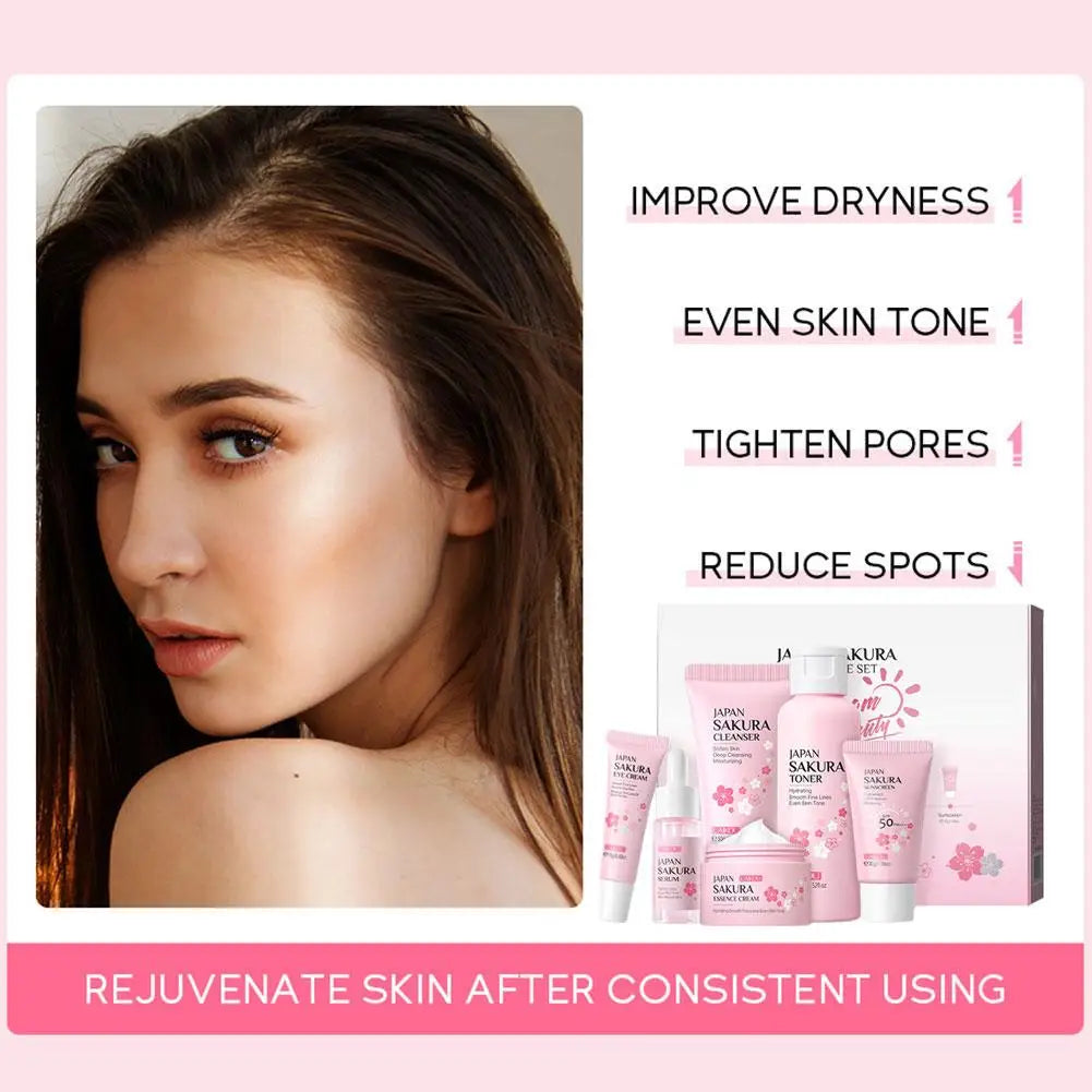 Ensembles et kits de soins de la peau Sakura pour femmes, nettoyant, sérum, crème pour les yeux, crème solaire, produits de beauté, coffret cadeau, kit de routine, 6 pièces