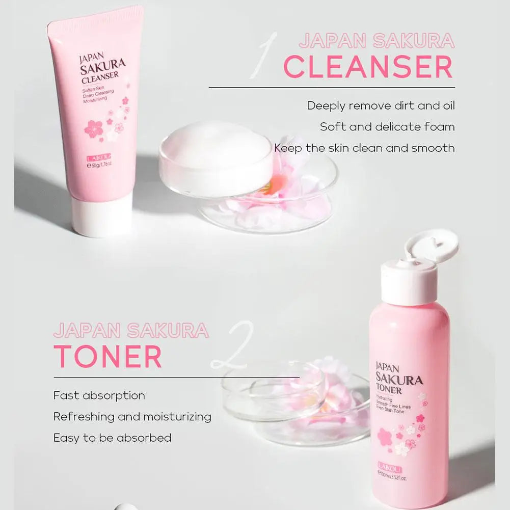 Ensembles et kits de soins de la peau Sakura pour femmes, nettoyant, sérum, crème pour les yeux, crème solaire, produits de beauté, coffret cadeau, kit de routine, 6 pièces