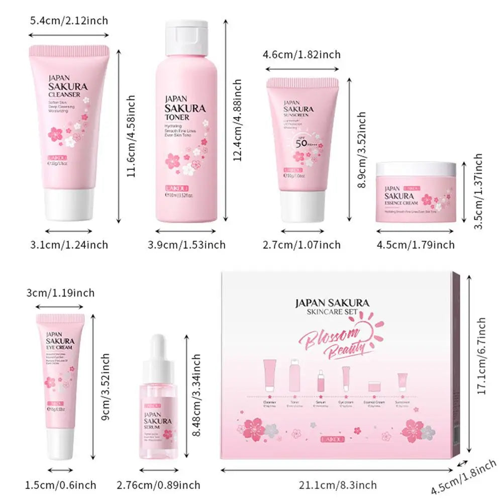 Ensembles et kits de soins de la peau Sakura pour femmes, nettoyant, sérum, crème pour les yeux, crème solaire, produits de beauté, coffret cadeau, kit de routine, 6 pièces