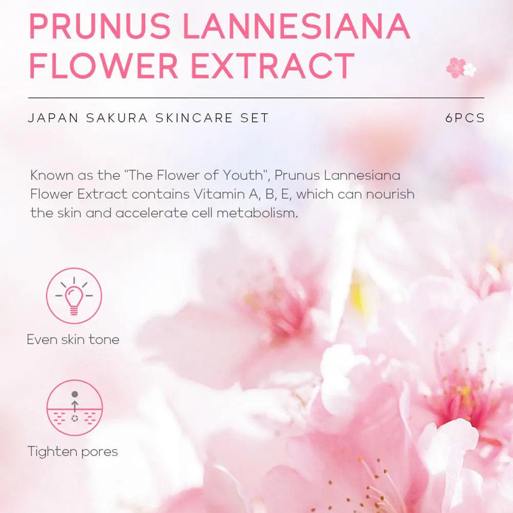 Ensembles et kits de soins de la peau Sakura pour femmes, nettoyant, sérum, crème pour les yeux, crème solaire, produits de beauté, coffret cadeau, kit de routine, 6 pièces