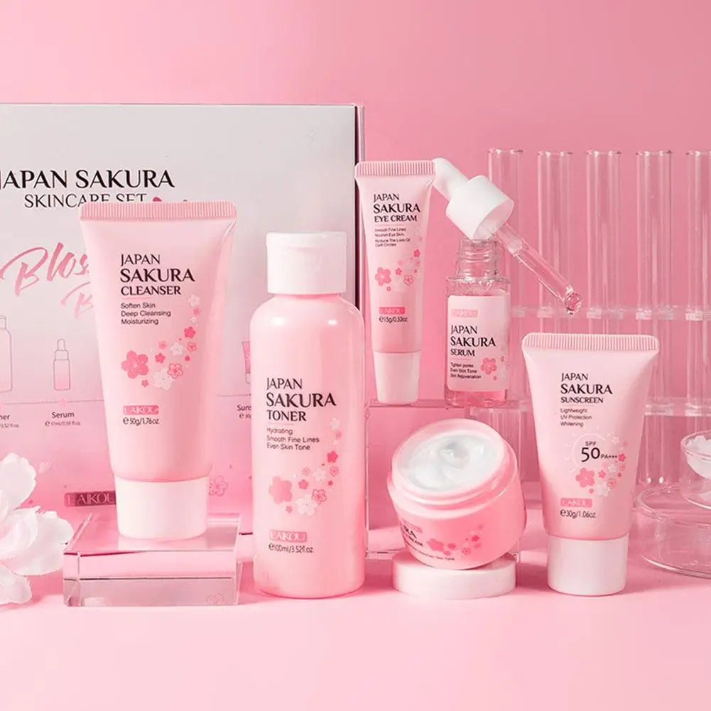 Ensembles et kits de soins de la peau Sakura pour femmes, nettoyant, sérum, crème pour les yeux, crème solaire, produits de beauté, coffret cadeau, kit de routine, 6 pièces